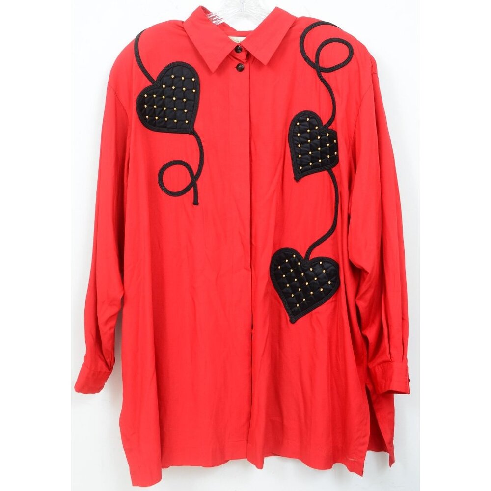 Kathryn Deene PLUS 22/24 Red Black Hearts Button Down Shirt Top Blouse Whimsy